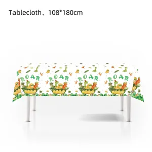 Gedetailleerd uitzicht van de aquarel dinosaurussen feesttafelkleed voor kinderverjaardag.