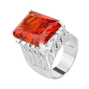 Grand bague pierre orange taille radiant argent argent pave bande elegante femmes mode bijoux