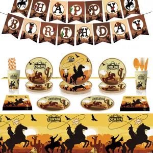 Western Cowboy Thema Kinder Geburtstag Party Zubehör Pappteller Becher Servietten Tischdecke Kuchen Deko Strohhalme Plastikbesteck Set