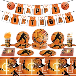Juego de Decoraciones para Fiesta de Cumpleaños con Temática de Baloncesto Vajilla para Fiesta Deportiva Platos de Papel Vasos Servilletas Pancarta Adornos para Pasteles Globos