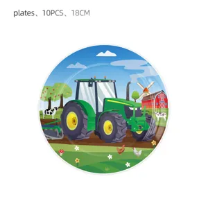Wegwerp papieren bordjes met leuke boerderij tractor print voor kinderfeestje decor.