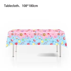 Nappe de fête rose thème bonbon sucette vue détaillée, décoration colorée dimensions 108x180cm.