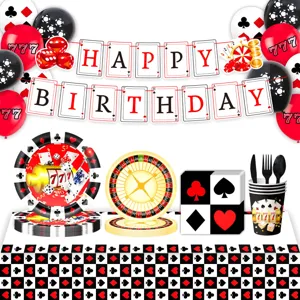 Casino Party Dekorationsdetails mit Pokerkarten, Roulette und Spielautomaten Motiven.