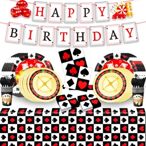 Casino Poker Thema Geburtstag Party Zubehör Set mit Banner Tellern Bechern und Tischdecke.