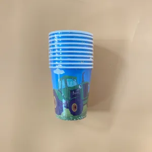 Blauwe tractor papieren bekers voor kind farm verjaardag feest wegwerp servies deco.
