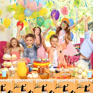 Kit decorazioni feste compleanno basket stoviglie piatti bicchieri palloncini per bambini.