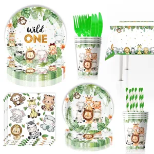 Wild One Dschungel Tiere Kinder Geburtstag Party Set mit Pappteller, Becher und Servietten.