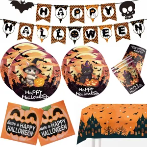 Halloween Party Geschirr Set mit Pappteller Becher Servietten Banner Tischdecke