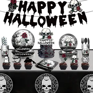 Halloween Party Deko Set Gotisch Totenkopf Kürbis Katze Muster Pappteller Becher Servietten Tischdecke Banner Für Thema Event Party Layout