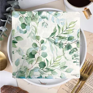 Papieren servetten met eucalyptusblad motief voor feestjes, bruiloften en tafeldecoratie.