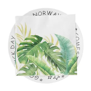 Gedetailleerd overzicht van papieren servet met eucalyptus blad voor feest en huwelijk.