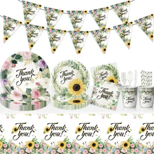Blumiges Partygeschirr Detail, Sonnenblumen und Rosen Pappteller Becher Servietten.
