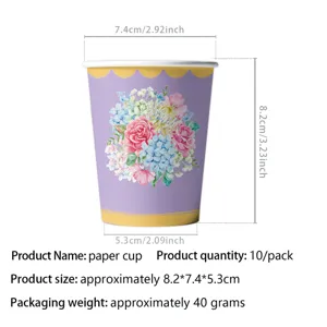 Frueling Nachmittagstee Thema Blumen gedruckter Pappbecher Party Geschirr 10 Stueck Set