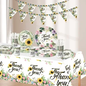 Detailansicht des Partygeschirr Sets mit Sonnenblumen Motiv und Thank you Aufdruck.