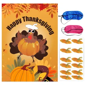 Detailed view of Thanksgiving party supplies including holiday poster, sleep masks and stickers.