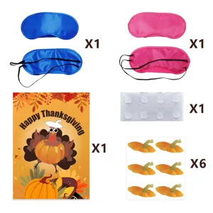 Thanksgiving party supplies set including sleep masks, turkey greeting cards and pumpkin stickers.