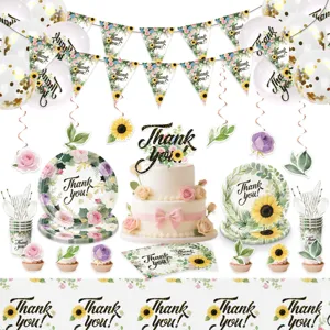 Party Deko Set mit Pappteller Bechern Girlanden Luftballons und Tischdecke mit Blumen