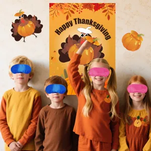 Thanksgiving party game set with colorful blindfolds and turkey poster for holiday fun.
