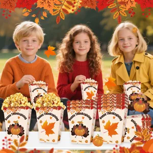 Thanksgiving party popcorn boxes, turkey and pumpkin paper candy containers for celebrations.