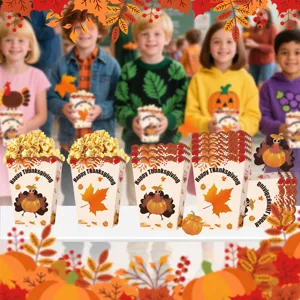 Thanksgiving popcorn boxes and treat paper boxes with autumn turkey pumpkin designs for party