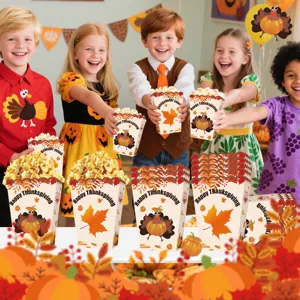 Thanksgiving party popcorn boxes paper candy treat containers with cute turkey and autumn pumpkin design.