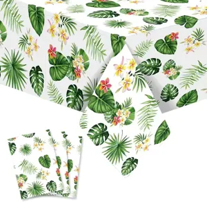 Detaillierte Ansicht der tropischen Palmblatt-Tischdecke mit grünem Blatt- und Blumenmuster.