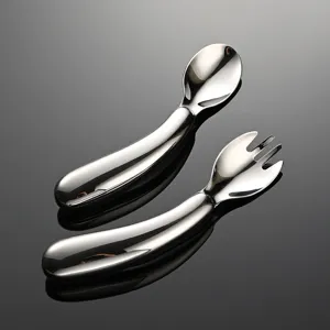 Bambini Acciaio Inossidabile Cucchiaio Forchetta Manico Curvo Neonato Bambino Autoalimentazione Stoviglie Design Ergonomico