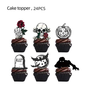 Halloween Tortenaufleger 24Stk Gothic Totenkopf Rose Kürbis Muffin Dekorationen für Party.