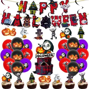 Halloween Party Deko Set mit Girlande Luftballons Kuchen Topper für gruselige Feier