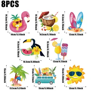 Set de recortes de fiesta de verano, flamencos tropicales con detalles de medidas.