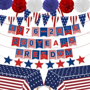 USA 250 Jahrestag Unabhängigkeitstag Patriotische Party Dekorationen Set Banner Dreiecksflagge Folie Fransen Vorhänge Papierfächer Stern Girlanden Tischdecke Feierzubehör