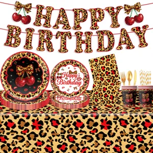 Rote Kirsche Leo-Print Geburtstag Party Geschirr Pappteller Becher Servietten Deko