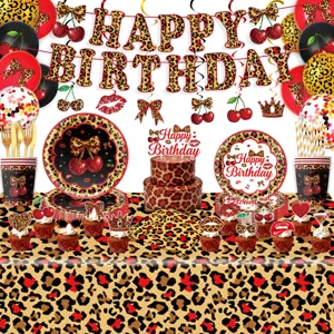 Rote Kirsche Leopardenmuster Geburtstag Party Geschirr Pappteller Becher Banner Set Detail.
