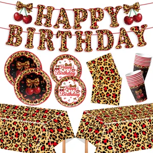 Rote Kirsche Leopardenmuster Geburtstagsparty Geschirr Set Einweg Papierteller Tassen Servietten Banner Tischdecke Kuchendeckel Dekorationen
