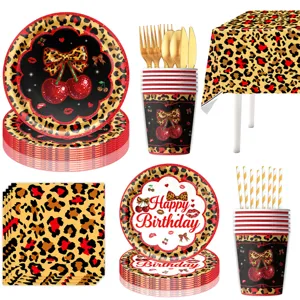 Rote Kirsche Leopard Muster Geburtstag Party Geschirr Teller Becher Set Dekoration