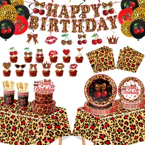 Rote Kirsche Leopardenmuster Geburtstag Party Geschirr Set Pappteller Becher Deko