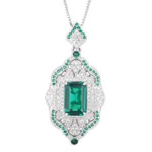 Vintage emerald cut green gemstone pendant necklace elegant court style gold plated copper jewelry