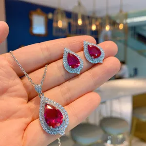 Simulated ruby pear-shaped pendant necklace earrings jewelry set for women fashion