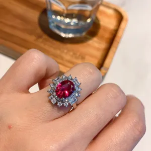Vintage Oval Red Ruby Ring Silver Cluster CZ Engagement Wedding Ring for Women Gift