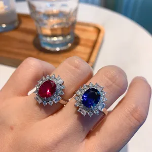 Vintage Court Style Gold Plated Cocktail Ring Oval Cut Red Blue Rhinestone Statement Ring For Women Party Jewelry