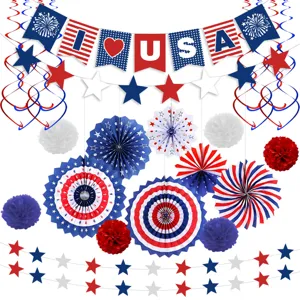 USA Unabhängigkeitstag Party Deko Set mit Bannern, Fächern und Hängedekorationen.