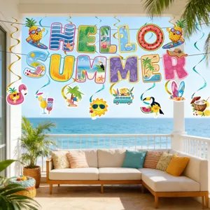 Conjunto de decoración de pancarta colgante de fiesta en la playa de verano con letras y espirales.