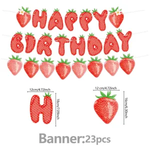 Cute strawberry birthday party banner with letter flags and strawberry pendants, 23pcs.