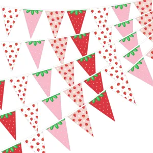 Strawberry themed party triangle banner bunting decorations for birthday celebrations and festive events.