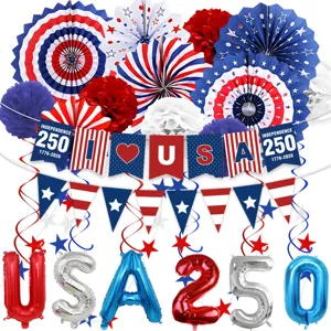 USA 250. Unabhängigkeitstag Party Deko Set mit Fächer, Girlanden und Folienballons.