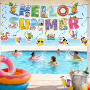 Decoraciones de Fiesta Temática de Verano Hawaiano Hello Summer Pancarta Tropical Flamenco Piña Espirales Colgantes para Artículos de Fiesta en la Playa y Piscina