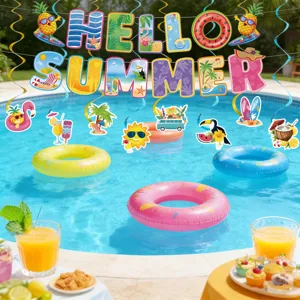 Decoraciones colgantes de fiesta en piscina de verano banner y espirales playa.