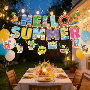Decoraciones colgantes de fiesta de verano banner Hello Summer espirales playa tropical