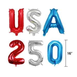 USA Unabhängigkeitstag 250 Jubiläum Folienballons Set rot silber blau, 16 Zoll Größe.