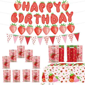 Strawberry birthday party decoration set banners flags gift bags and tablecloth for celebration